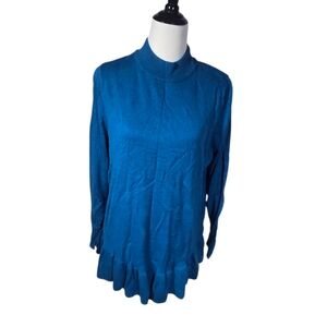 Isaac Mizrahi Live 1X Blue Ruffle Long Sleeve Mock Neck Knit Sweater